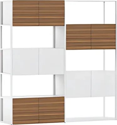 Image de Armoire de rangement moderne en bois et blanc avec des compartiments ouverts et des portes élégantes
