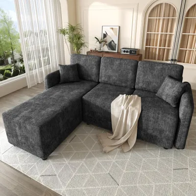 Productafbeelding van L-vormige hoekbank met een lange ligvlak van 144 cm, bekleding van chenille, hoogwaardig schuim en 2 kussens, compacte 3-zitsbank voor appartementen en studentenwoningen, afmetingen 187,5x144x85,5 cm, zwart