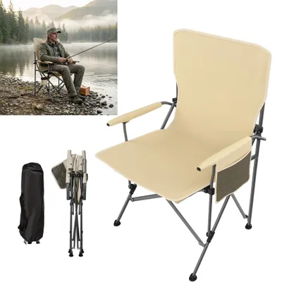 Image de TRMLBE Chaise de pêche pliable d'extérieur avec structure robuste en acier, dossier ergonomique, portable pour la pêche, le camping, le jardin ou au bord d'un lac, couleur crème