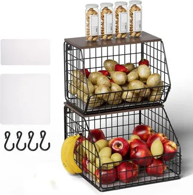 Immagine prodotto di Organizer da cucina con coperchio in legno, contenitore impilabile per conservare frutta e verdura, snack e pane