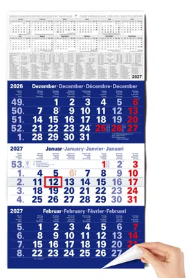 Produktbild von 3 Monatskalender 2027 Wandkalender Blau Datumsschieber Schulferien Feiertage 30x56 cm