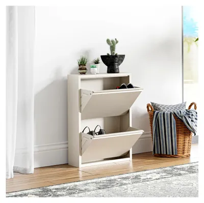 Produktbild von Schuhschrank Sokndal Schuhkipper mit 2 Klappen Metall Schuhkommode für 4 Paar Schuhe 71 x 50 x 15 cm in Pfefferweiß