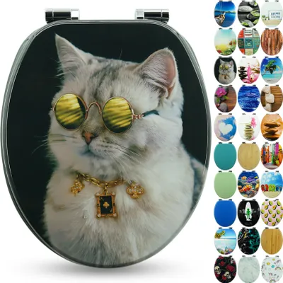 Produktbild von Sanfino® Premium WC Sitz "Boss Cat" hochwertiger Toilettendeckel mit Absenkautomatik aus Holz, viele bunte Motive, einfache Montage