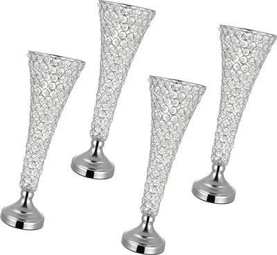 Zdjęcie produktu dla SucceBuy Zestaw 4 wazonów ślubnych Dekoracja stołu Wazony na kwiaty Wysokość 51 cm, metalowe wazony z kryształowymi zdobieniami, w kształcie trąbki, na śluby, przyjęcia, rocznice i uroczystości, srebrne
