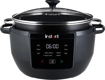 A black Instant Pot multi-cooker with a glass lid is shown from the front on a white background. The digital display shows '06:00'.