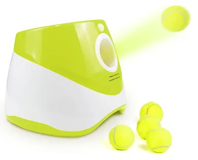 Obrázek produktu pro Automatický odpalovač míčků pro psy - Nastavitelný dosah - Souprava obsahuje 3 tenisové míčky - Nabíjení přes USB - Interaktivní hračka - Barva: zelená