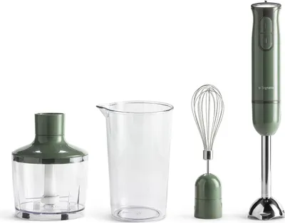 A set of kitchen blender attachments and the blender base are displayed against a white background.
