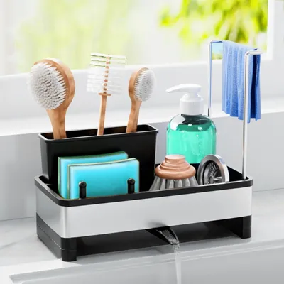 Productafbeelding van Keukenaccessoire: Organizer voor spoelbak, met opvangbak en mand voor keukengerei. Inclusief houder voor spons en vaatdoek (zwart)