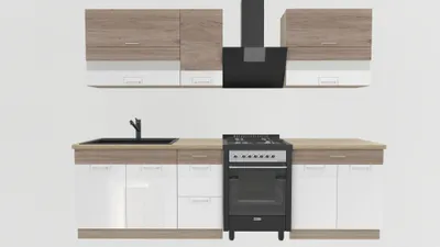 Produktbild von Küchenzeile 270 cm - ECONO B - Sonoma Eiche - Weiß Hochglanz - Ohne Arbeitsplatte - Einbauküche mit Soft-Close - Metallbox Schubladen