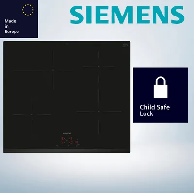 A black induction hob with four cooking zones is shown from a top-down perspective, with the Siemens logo and marketing text above it, and a child safe lock icon to the right.