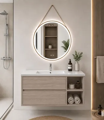 ORIGEN BATH ZEUS Badmöbel mit Waschbecken 70x45 cm, rechts, Smoky-Eiche