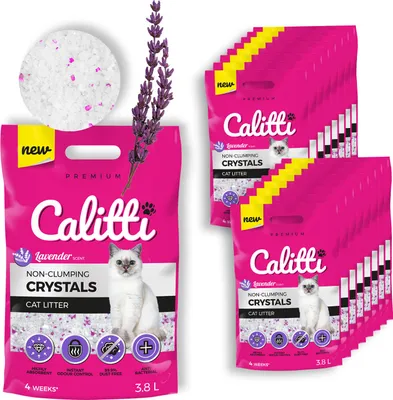 Obrázok produktu pre Calitti - Silikátové stelivo pre mačky | Antibakteriálne stelivo pre mačky so sviežou levanduľovou vôňou | 16-balenie 16 x 3,8 l = 60 l
