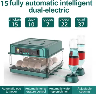 Obrázok produktu pre Inkubátor – Automatický inkubátor na vajcia – 220 V – Na 15 vajec – Automatické otáčanie – Na kuracie a prepeličie vajcia – Zelený