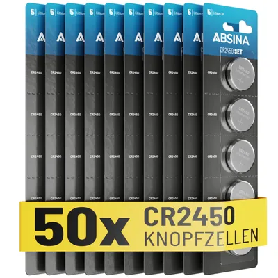 Produktbild von ABSINA CR2450 Knopfzelle 10x 5er Pack - CR 2450 3V Knopfzellen auslaufsicher & mit langer Haltbarkeit