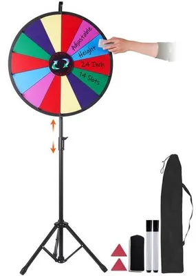 Obrázek produktu pro Kolo štěstí Deluxe - Flexibilní kovový stojan - Průměr 61 cm - 4,3 kg - 14 přizpůsobitelných barevných výherních míst - Možnost personalizace - Nastavitelná výška - Přidání individuálního textu