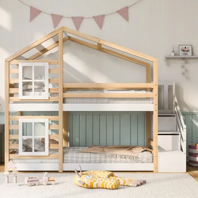Produktbild von Etagenbett 90x200 cm,Hochbett 90x200,Kinderbett 90x200 mit Lattenrost,SicherheitsgitterEinzelbett,Jugendbett,Naturholzfarbe