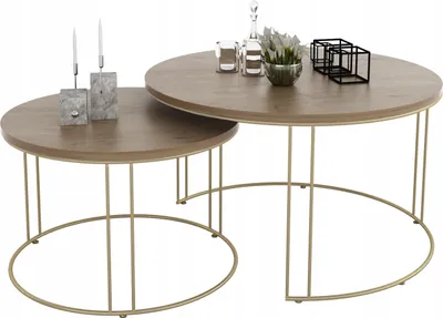 Zdjęcie produktu dla Zestaw Okrągłych Stolików Kawowych 2w1 Salon Loft Złoty+Dąb Lancelot