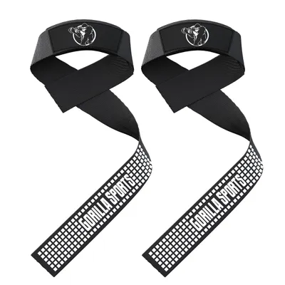 A pair of black lifting straps with a gray padded wrist support and a circular logo on each strap.