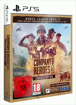 The image shows the front packaging of the video game 'Company of Heroes 3' for PS5, featuring artwork of soldiers and military vehicles.