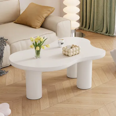 Image de MODFU Table Basse - Table d’Appoint en Forme de Nuage avec Pieds Cylindriques et Surface MDF Lisse pour Salon Moderne - 107x66x40,5 cm, Blanc