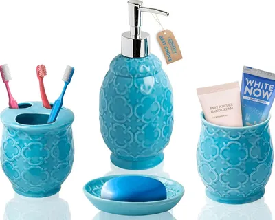 Produktbild von 4-teilige Badezimmer-Accessoires-Set aus Keramik - Flüssigseifenspender, Zahnbürstenhalter, Becher und Seifenschale - Moderne Accessoires für das Waschbecken