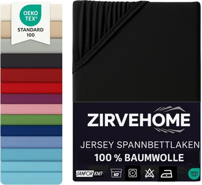 A black fitted sheet is shown folded, with a swatch of other colors to the left.