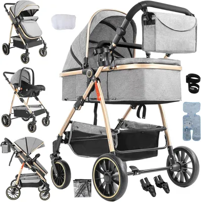 Produktbild von 3-in-1 Kinderwagen – Modulares Reisebett – Komfortables Reisen – Umkehrbare Schieberichtung – Aluminiumrahmen – Grau