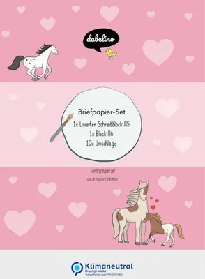 Produktbild von Liniertes Briefpapier-Set für Kinder: Pferde/ Ponys (rosa mit Herzen, Mädchen)