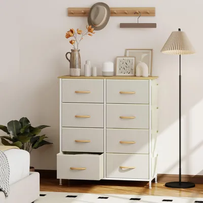 Produktbild von Kommode mit 8 Stoffschubladen, Schlafzimmerkommode Vliesstoff Stahlrahmen, Beige | 86 x 30 x 94,5 cm | 4 Seitentaschen, 2 Haken | kippsicher