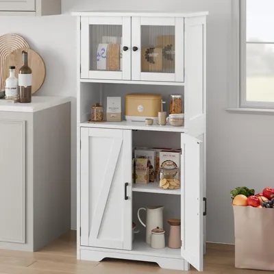 Immagine prodotto di Armadio alto da bagno, bianco, 60x30x128 cm, con ante in vetro e ripiani regolabili