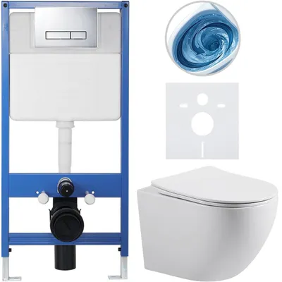 Obrázek produktu pro CERANO - Kompletní podomítkový WC set Lite/Cesso - bílá lesklá - WC tlačítko Slim, chrom - předstěnová instalace/sádrokarton - 49x36 cm