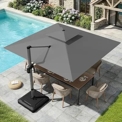 Imagen del producto de Sombrilla rectangular de 300 x 300 cm con soporte, sombrilla tipo pérgola grande de aluminio, sombrilla para mercado con doble techo, sombrilla de jardín de 360° con manivela, sombrilla para balcón, protección solar UV50+, color gris, impermeable