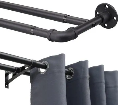 Obrázok produktu pre Ibenzoa® Nastaviteľná dvojitá záclonová tyč na okná, matná čierna, 74–269 cm, priemer 2,5 cm, teleskopické koncovky 25,4 cm, priemyselný dizajn