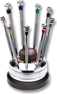 A set of precision screwdrivers arranged in a rotating stand.