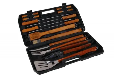 Produktbild von Umfassendes 18-teiliges Grillwerkzeug-Set aus Edelstahl und Holz mit Kunststoffbox