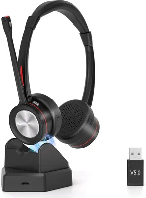 Produktbild von Bluetooth Headset mit Mikrofon & Ladestation, kabelloses Büro Headset mit USB Dongle, Bluetooth 5.2, bis zu 40 Std. Akkulaufzeit