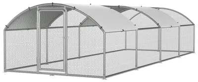 Obrázek produktu pro Kurník Peviasot s voliérou, rozměry 3 x 8 x 2 metry, plocha 24 m², oblouková střecha, konstrukce z pozinkované oceli o tloušťce 25 mm, oplocení z PVC drátěného pletiva a bílá ochranná plachta z polyetylenu