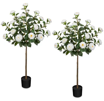 Künstlicher Kamelienbaum 120 cm, 2er-Set, weiß, im Topf