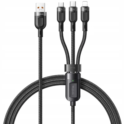 Obrázek produktu pro Mcdodo 65W 3v1 nylonový opletený nabíjecí kabel 6A Micro USB TYP-C s konektorem iOS Rychlé nabíjení Rychlonabíjecí kabel pro chytrý telefon Tablet Black