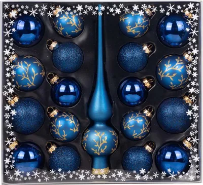 A set of blue Christmas ornaments and a tree topper in a box.