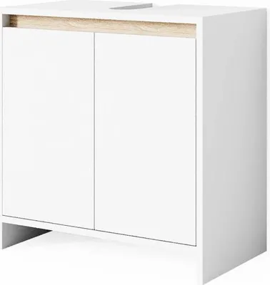 A white cabinet with a wood-grain accent on top, shown from a slight angle against a white background.