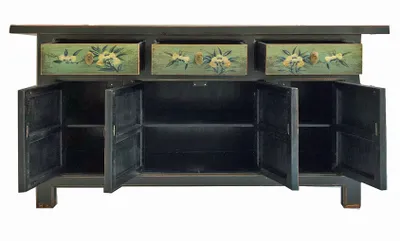 Produktbild von Schrank Kommode Sideboard Lowboard Möbel chinesisch asiatisch orientalisch vintage Asia Anrichte antik grün-schwarz Landhaus-Stil