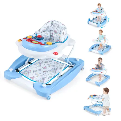 A collage of images showing a blue baby walker in different configurations and with children using it.