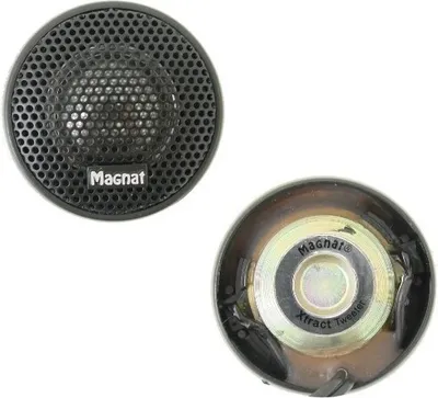 Two views of a Magnat Xtract Tweeter speaker, one showing the front grille and the other showing the back with internal components.