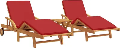 Two wooden lounge chairs with red cushions are shown against a white background.