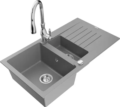 Produktbild von Mexen Matias 1,5-Becken-Granitspüle mit Abtropffläche und Mischbatterie Savita, Grau - 6502-71-672601-00