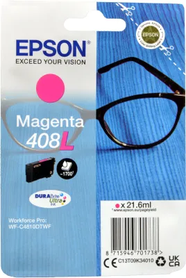 Produktbild von Epson Singlepack Magenta 408L DURABrite Ultra Ink, Hohe (XL-) Ausbeute, Magenta, Tinte auf Pigmentbasis, 21,6 ml, 1 Stück(e), Einzelpackung
