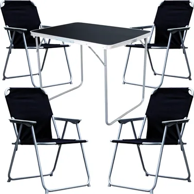 A set of camping furniture including a table and four chairs, arranged on a white background.