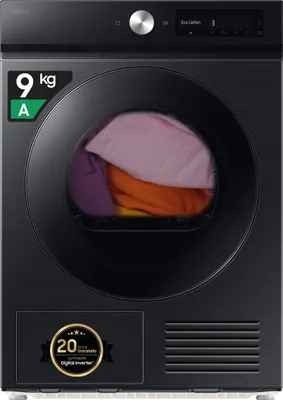 A front view of a black Samsung washing machine with laundry inside the drum.