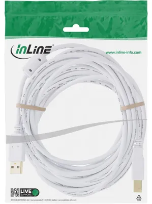Produktbild von InLine USB 2.0 Kabel, A an B, weiß / gold, mit Ferritkern, 5m, 5 m, USB A, USB B, USB 2.0, Stecker/Stecker, Weiß